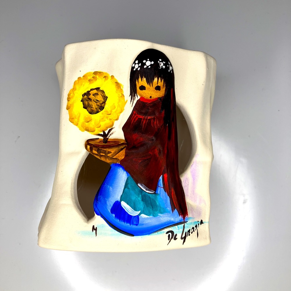 Ted DeGrazia, Tea candle holder, Hand made, 
Measurements 4” H X 3 1/2" W X 3" D